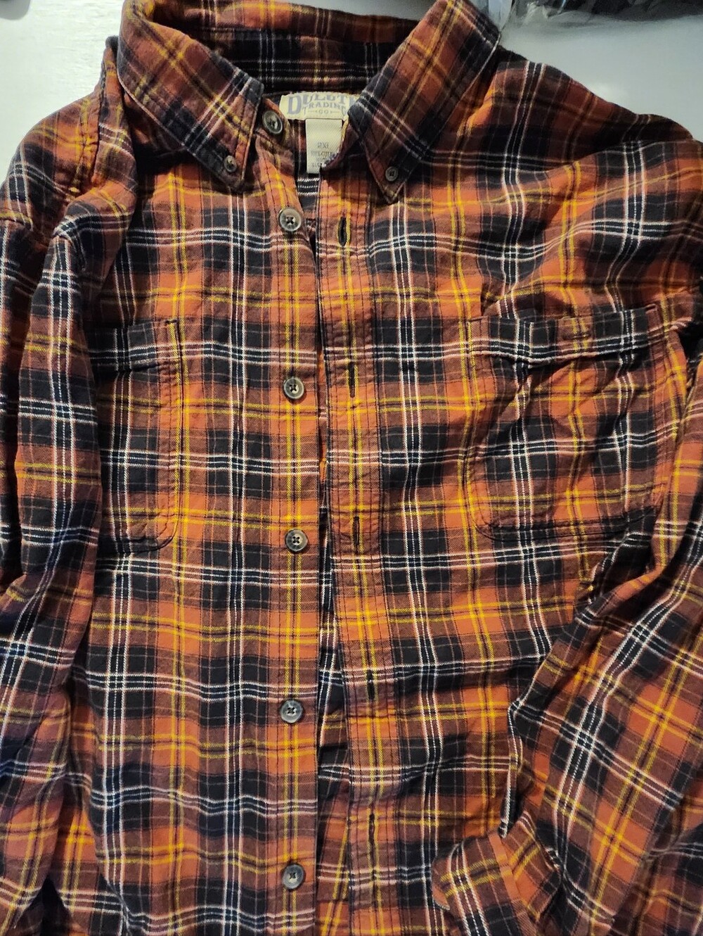 Duluth Trading Co Men’s Orange and Black Plaid Button-Down Flannel Shirt 2XL